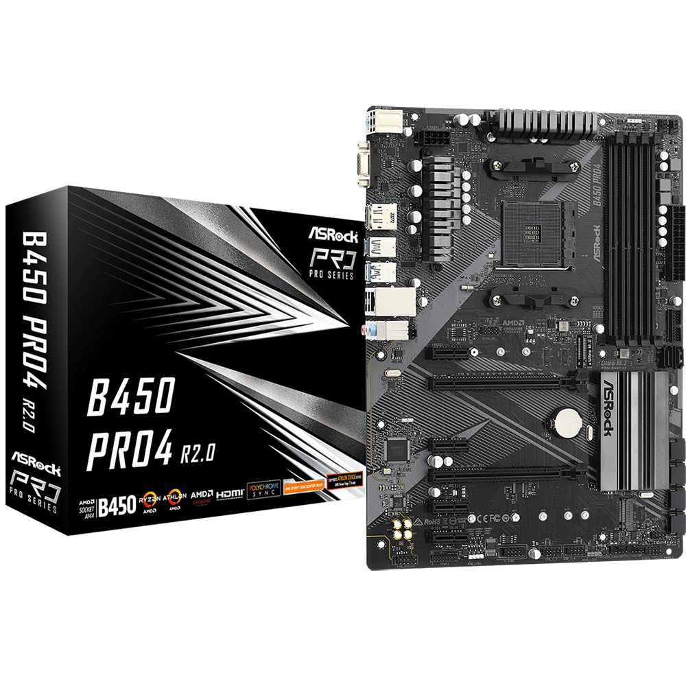 Материнская плата ASRock B450 PRO4 R2.0, Socket AM4, AMD B450, 4xDDR4-2667, D-SUB+HDMI+DP, 2xPCI-Ex16, 4xPCI-Ex1, 6xSATA3(RAID 0/1/10), 2xM.2, 8 Ch Audio, GLan, (2+4)xUSB2.0, (5+2)xUSB3.2, 1xUSB3.2 Type-C™, 1xPS/2, ATX, RTL,(932786)