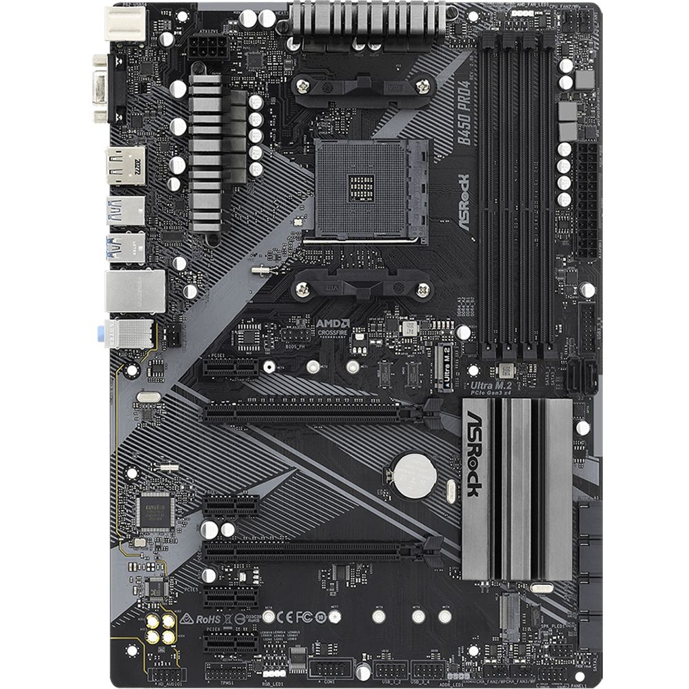 Материнская плата ASRock B450 PRO4 R2.0, Socket AM4, AMD B450, 4xDDR4-2667, D-SUB+HDMI+DP, 2xPCI-Ex16, 4xPCI-Ex1, 6xSATA3(RAID 0/1/10), 2xM.2, 8 Ch Audio, GLan, (2+4)xUSB2.0, (5+2)xUSB3.2, 1xUSB3.2 Type-C™, 1xPS/2, ATX, RTL,(932786)