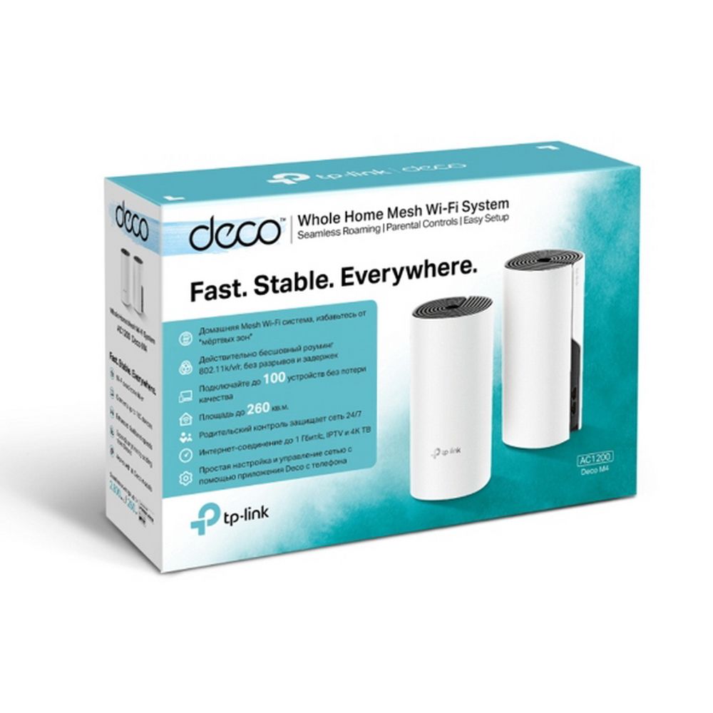 Домашняя Mesh Wi-Fi система TP-LINK Deco M4(2-pack) AC1200, процессор Qualcomm, 867 Мбит/с на 5 ГГц+300 Мбит/с на 2,4 ГГц, 2 гигабитных порта, 2 встроенные антенны, MU-MIMO, Beamforming (084189)