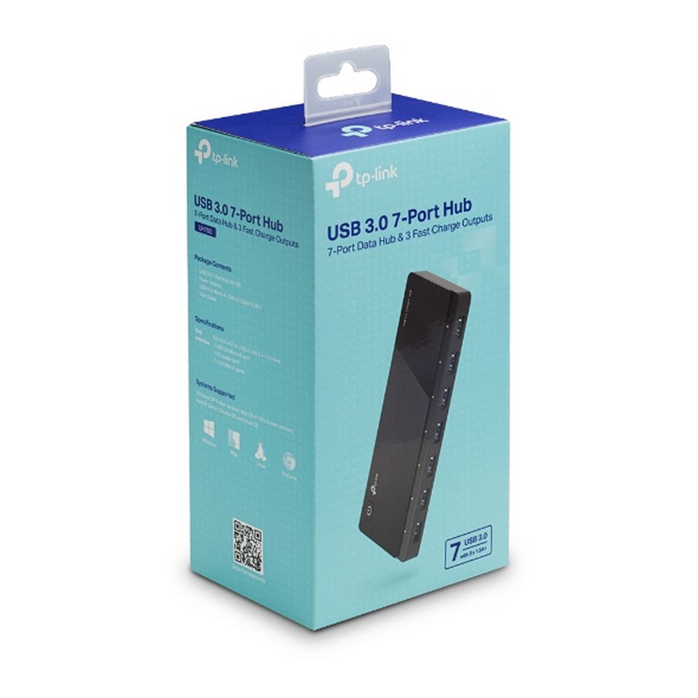 Концентратор TP-LINK UH700 7-портовый концентратор USB 3.0, 7 портов USB 3.0, 3 порта USB 3.0 поддерживают BC1.2 (Каждый порт макс.: 5В/1.5A) настольное размещение, plug & play, адаптер питания 12В/2A, (010065)