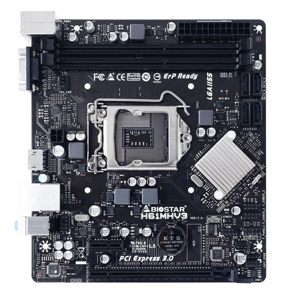 Материнская плата BIOSTAR H61MHV3, Socket 1155, Intel H61, 2xDDR3-1600, D-SUB+HDMI, 1xPCI-Ex16, 1xPCI-Ex1, 4xSATA2, 6 Ch Audio, GLan, (4+4)xUSB2.0, 1xPS/2, mATX, RTL {20} (685208)