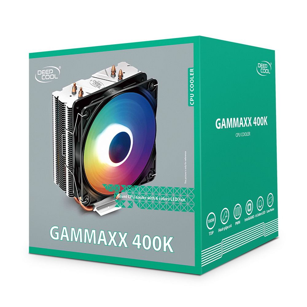 Вентилятор Deepcool GAMMAXX 400K RTL {20} (708131) (Height 155mm, 6mm x 4pcs, Fan 120mm RGB, 500;1500RPM ±10%, < 27 dB(A), 4-pin PWM, TDP 180W, Al+Cu, Screw, Socket AMD AM4/Intel LGA1700/1200/115x) (708131)