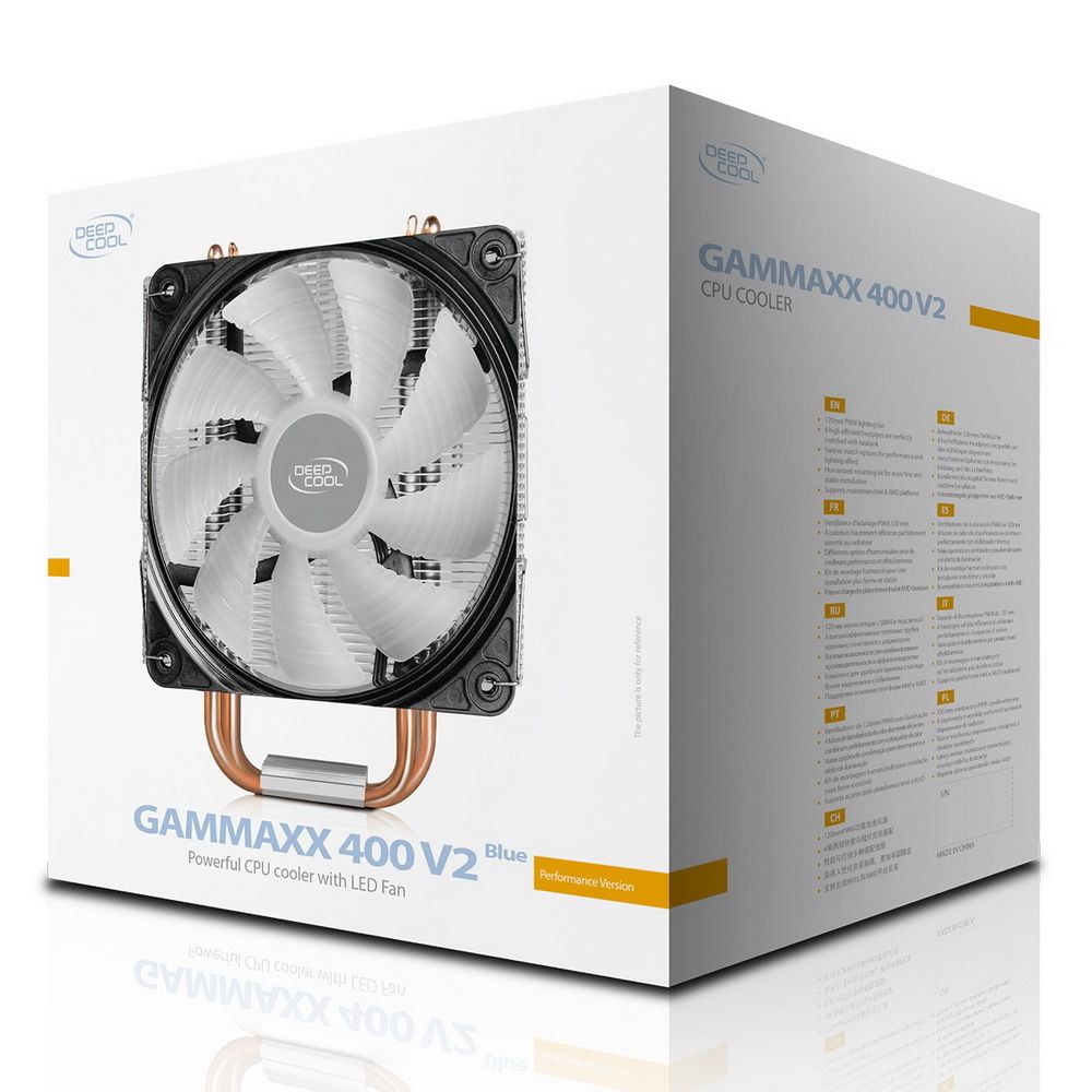 Вентилятор Deepcool GAMMAXX 400 V2 BLUE {20} (726890) (Height 155mm, 6mm x 4pcs, Fan 120mm, 500;1650RPM ±10%, < 27.8 dB(A), 4-pin PWM, TDP 180W, Al+Cu, Screw, Socket AMD AM4/Intel LGA1700/1200/115x) (726890)