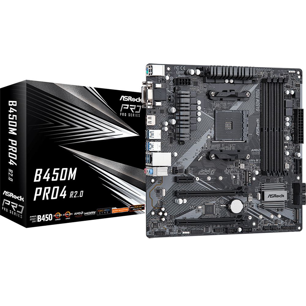Материнская плата ASRock B450M PRO4 R2.0, Socket AM4, AMD B450, 4xDDR4-2667, D-SUB+DVI-D+HDMI, 2xPCI-Ex16, 1xPCI-Ex1, 4xSATA3(RAID 0/1/10), 2xM.2, 8 Ch Audio, GLan, (2+4)xUSB2.0, (5+2)xUSB3.1, 1xUSB3.1 Type-C™, 1xPS/2, mATX, RTL, {20} (932793)