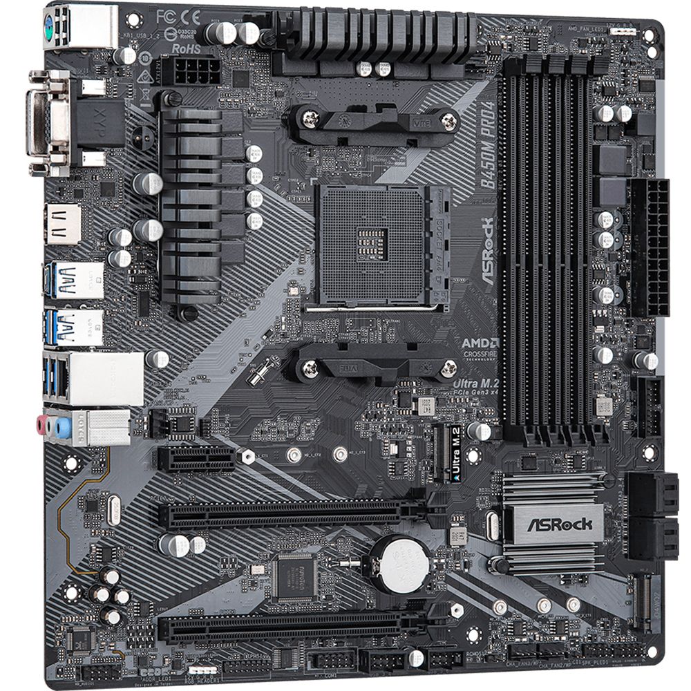 Материнская плата ASRock B450M PRO4 R2.0, Socket AM4, AMD B450, 4xDDR4-2667, D-SUB+DVI-D+HDMI, 2xPCI-Ex16, 1xPCI-Ex1, 4xSATA3(RAID 0/1/10), 2xM.2, 8 Ch Audio, GLan, (2+4)xUSB2.0, (5+2)xUSB3.1, 1xUSB3.1 Type-C™, 1xPS/2, mATX, RTL, {20} (932793)