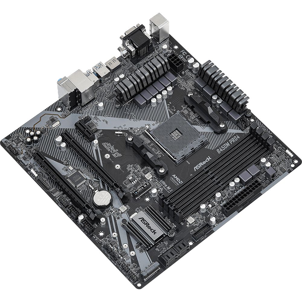 Материнская плата ASRock B450M PRO4 R2.0, Socket AM4, AMD B450, 4xDDR4-2667, D-SUB+DVI-D+HDMI, 2xPCI-Ex16, 1xPCI-Ex1, 4xSATA3(RAID 0/1/10), 2xM.2, 8 Ch Audio, GLan, (2+4)xUSB2.0, (5+2)xUSB3.1, 1xUSB3.1 Type-C™, 1xPS/2, mATX, RTL, {20} (932793)