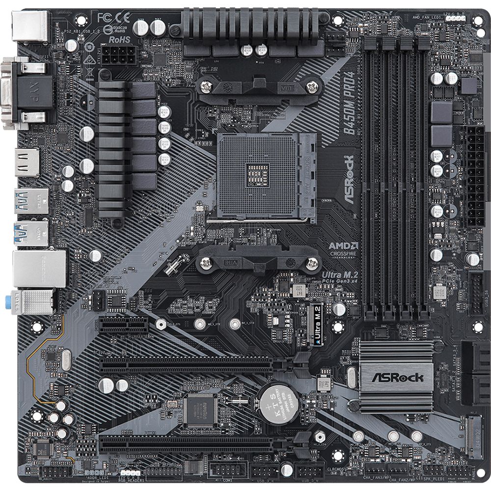 Материнская плата ASRock B450M PRO4 R2.0, Socket AM4, AMD B450, 4xDDR4-2667, D-SUB+DVI-D+HDMI, 2xPCI-Ex16, 1xPCI-Ex1, 4xSATA3(RAID 0/1/10), 2xM.2, 8 Ch Audio, GLan, (2+4)xUSB2.0, (5+2)xUSB3.1, 1xUSB3.1 Type-C™, 1xPS/2, mATX, RTL, {20} (932793)
