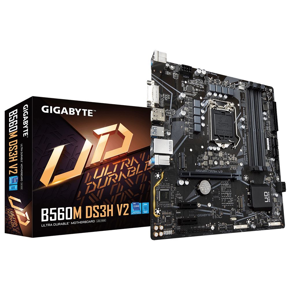 Материнская плата Gigabyte B560M DS3H V2, Socket 1200, Intel®B560, 4xDDR4-3200, DVI-D+HDMI+DP, 1xPCI-Ex16, 2xPCI-Ex1, 6xSATA3, 2xM.2, 8 Ch Audio, GLan, (2+2)xUSB2.0, (3+2)xUSB3.2, (1+0)xUSB3.2 Type-C™, 1xPS/2, mATX, RTL {10} (823719)