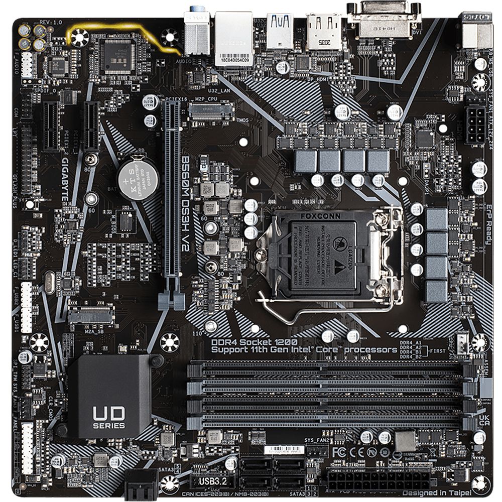 Материнская плата Gigabyte B560M DS3H V2, Socket 1200, Intel®B560, 4xDDR4-3200, DVI-D+HDMI+DP, 1xPCI-Ex16, 2xPCI-Ex1, 6xSATA3, 2xM.2, 8 Ch Audio, GLan, (2+2)xUSB2.0, (3+2)xUSB3.2, (1+0)xUSB3.2 Type-C™, 1xPS/2, mATX, RTL {10} (823719)