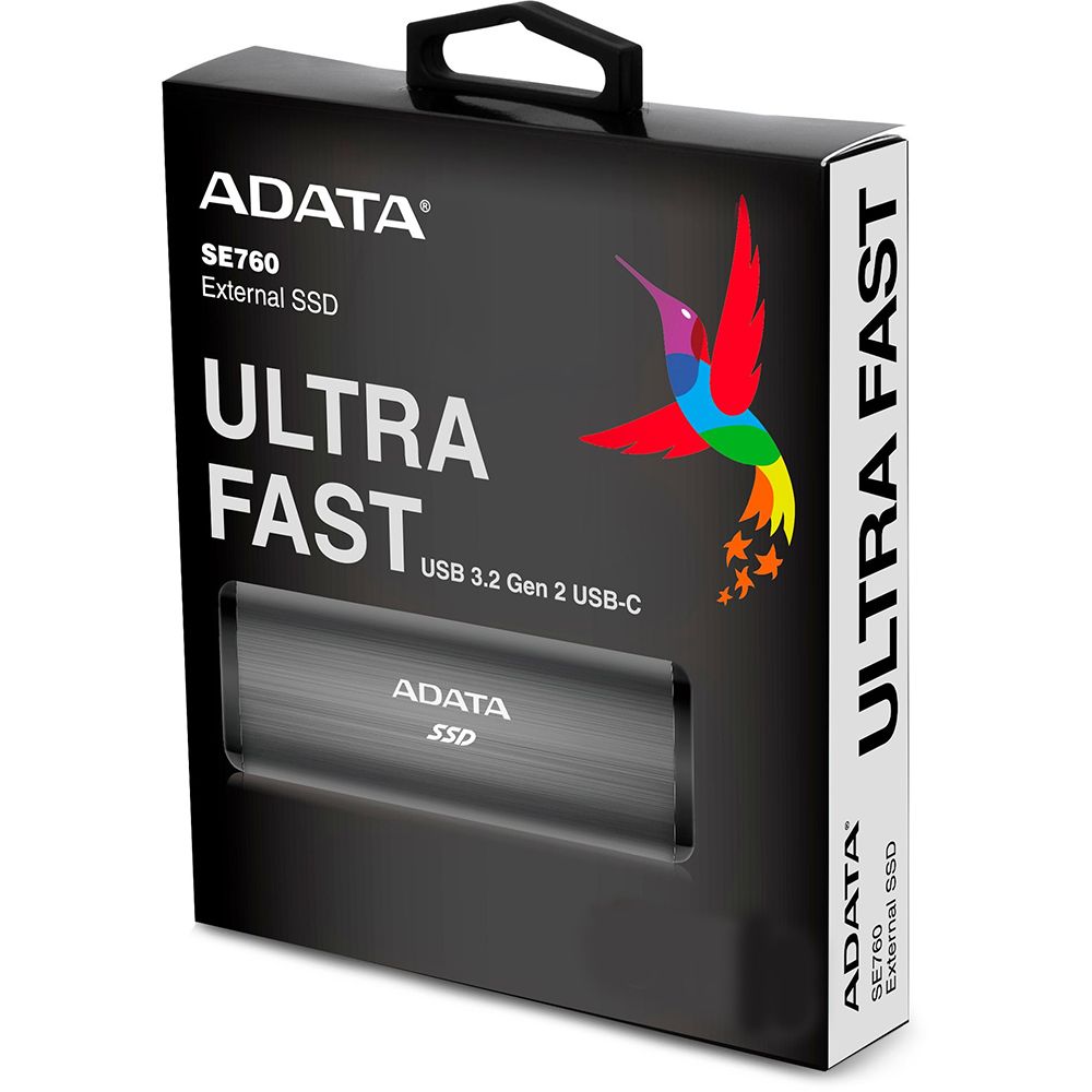 Твердотельный накопитель SSD ADATA SE760 Black External ASE760-2TU32G2-CBK 2TB 1.8" USB 3.2 Gen 2 Type-C, USB 3.2 Type-C to C cable,USB 3.2 Type-C to A cable, Quick Start Guide, RTL