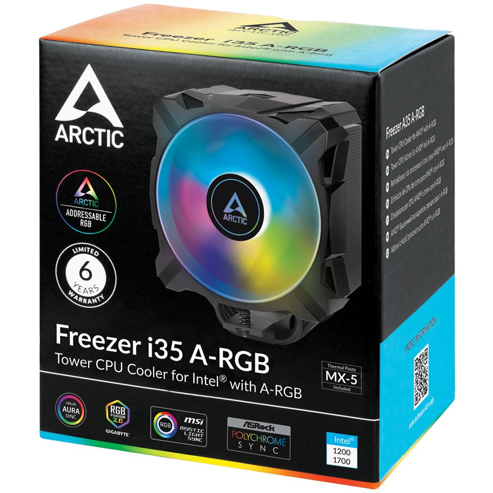 Вентилятор Arctic Cooling Вентилятор для процессора Arctic Freezer i35 ARGB Retail ACFRE00104A RTL {16} (703444) (Height 158.5mm, 6mm x 4pcs, 200 - 1700RPM, 4-pin PWM, Al, 12 A-RGB LEDs 4-Pin - 5v, Screw, Intel LGA1700/1200/115x) (703444)