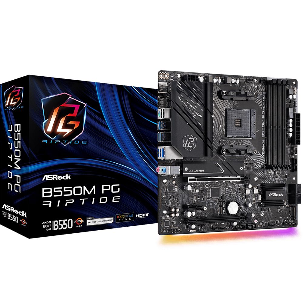 Материнская плата ASRock B550M PG RIPTIDE, Socket AM4, AMD B550, 4xDDR4-3200, HDMI+DP, 2xPCI-Ex16, 1xPCI-Ex1, 4xSATA3(RAID 0/1/10), 2xM.2, 8 Ch Audio, 1x2,5GLan, (4+4)xUSB2.0, (5+2)xUSB3.2, (1+1)xUSB3.2 Type-C™, 1xPS/2, mATX, RTL, {}