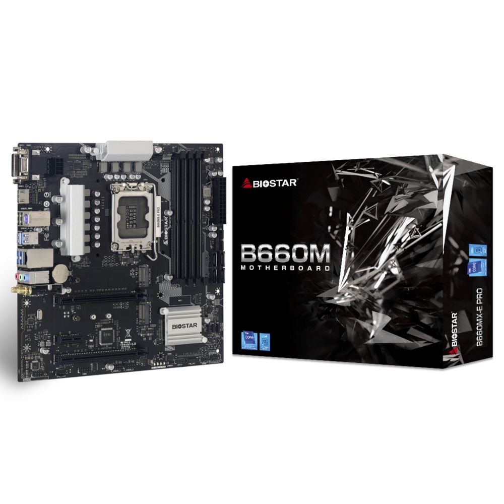 Материнская плата BIOSTAR B660MX-E PRO, Socket 1700, Intel®B660, 4xDDR4-3200, D-SUB+DVI-D+HDMI, 2xPCI-Ex16, 1xPCI-Ex1, 4xSATA3(RAID 0/1/5/10), 2xM.2, 8Ch Audio, GLan, WiFi, (2+4)xUSB2.0, (4+2)xUSB3.2, 1xPS/2, mATX, RTL (685833)