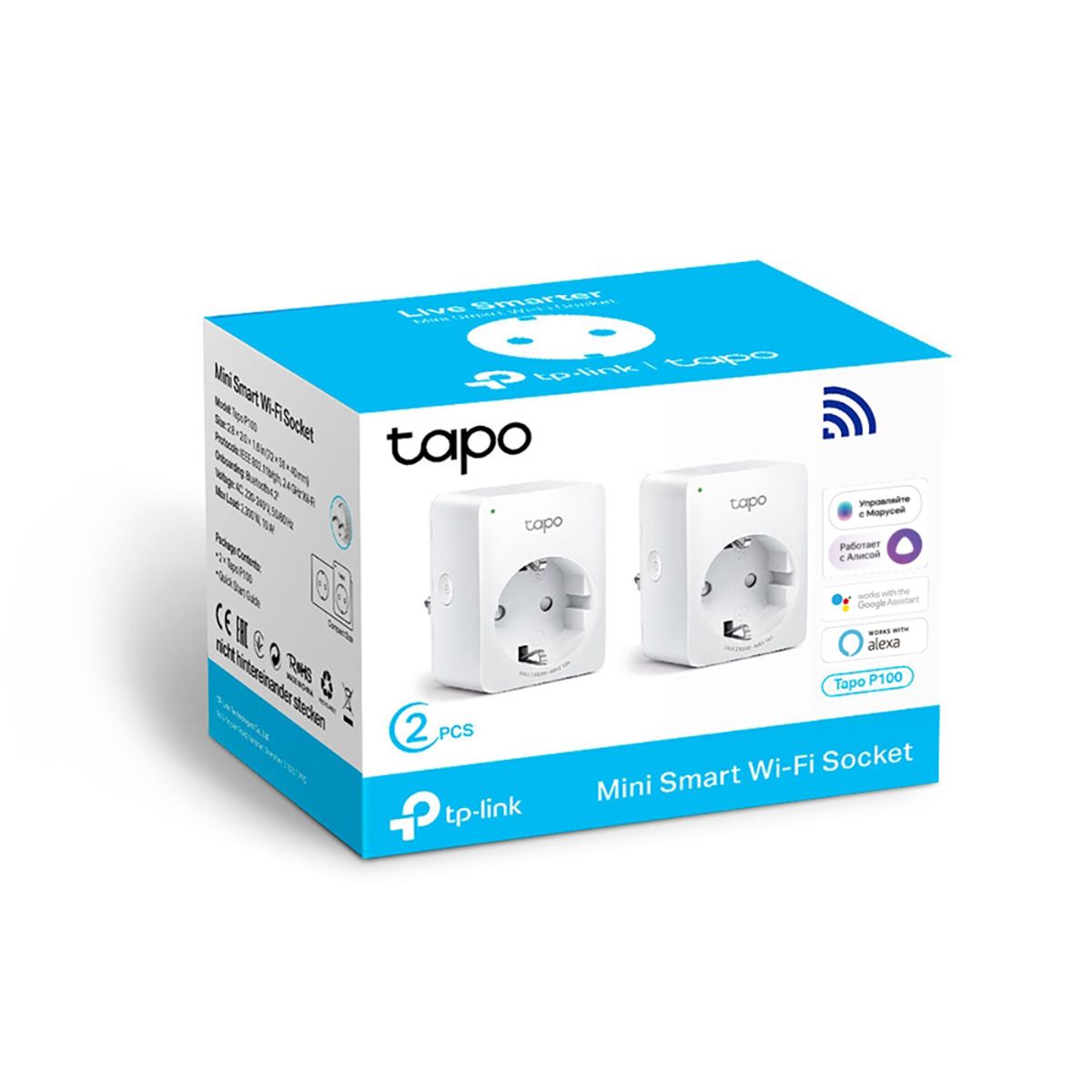 Умная розетка TP-LINK Tapo P100(2-pack) мини Wi-Fi розетка, 2 шт. (072766)