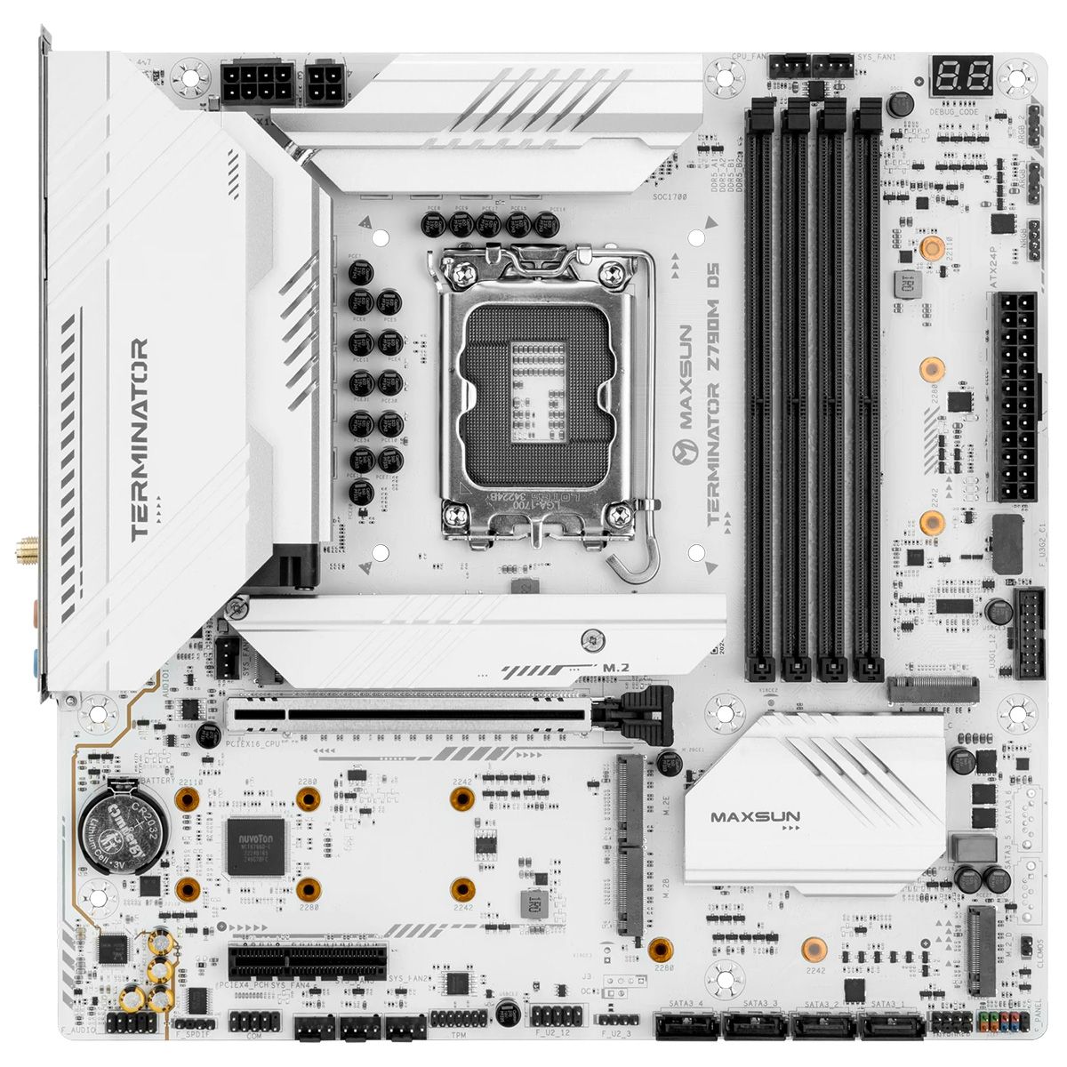 Материнская плата Maxsun MS-Terminator Z790M D5 ICE Z790, LGA1700, 4xDDR5, 1xPCIEx16, 1xPCIEx4, 5xM.2, 1xTypeC(20Gpbs), 2xUSB3.2Gen1, 3xUSB2.0, 1xTypeC, 4xUSB3.2Gen1, 4xUSB2.0, 5xNVMe, 4xSATA3, 2.5G, HDMI+DP, M-ATX