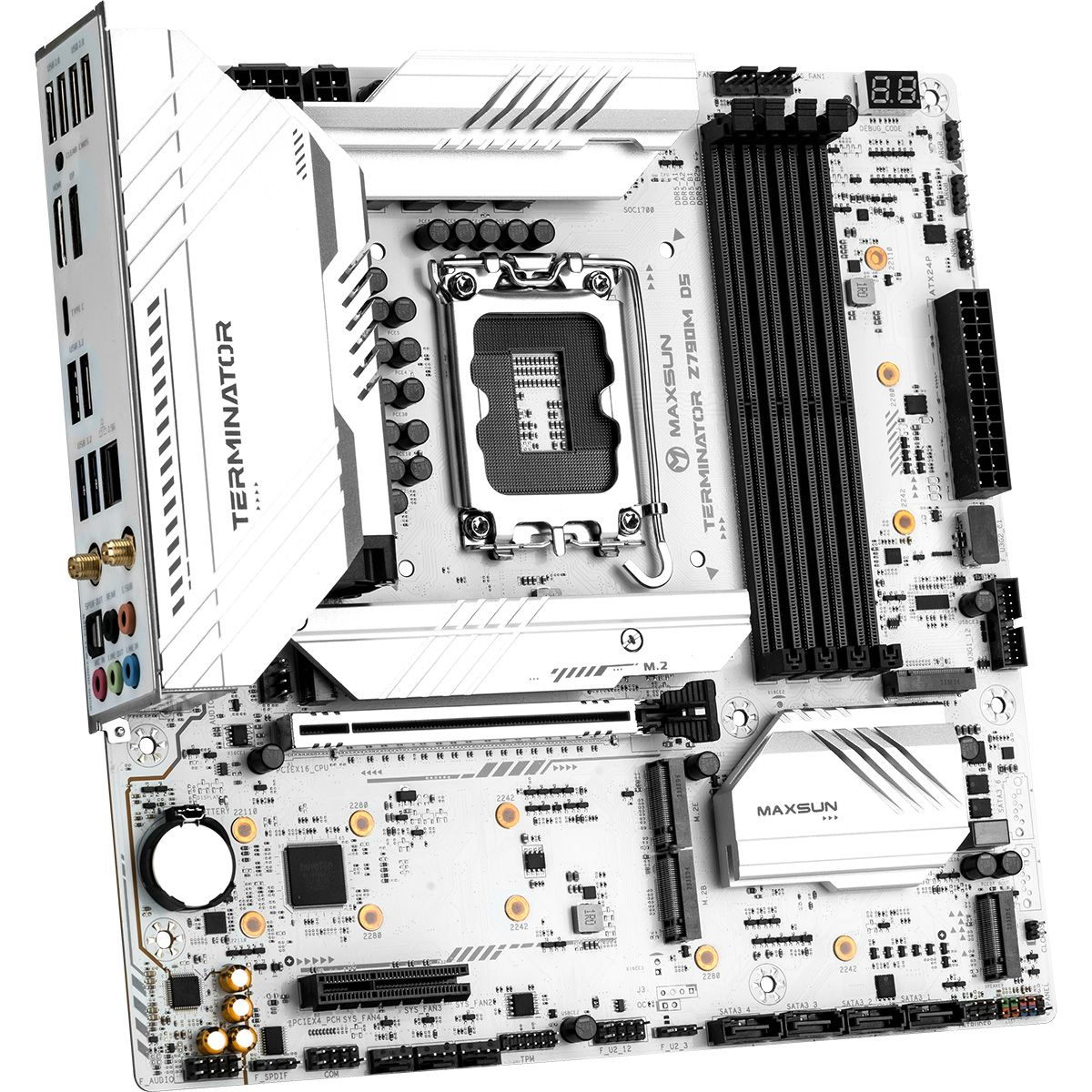 Материнская плата Maxsun MS-Terminator Z790M D5 ICE Z790, LGA1700, 4xDDR5, 1xPCIEx16, 1xPCIEx4, 5xM.2, 1xTypeC(20Gpbs), 2xUSB3.2Gen1, 3xUSB2.0, 1xTypeC, 4xUSB3.2Gen1, 4xUSB2.0, 5xNVMe, 4xSATA3, 2.5G, HDMI+DP, M-ATX