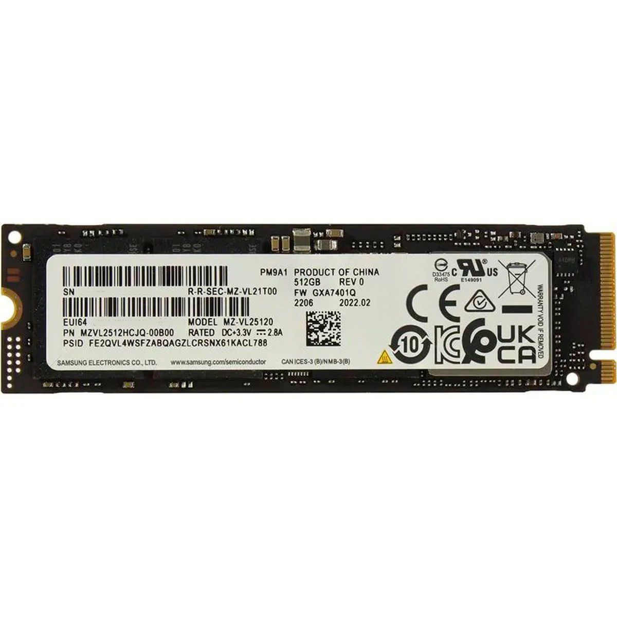 Твердотельный накопитель SSD Samsung 512GB M.2 2280 PM9A1 MZVL2512HCJQ-00B00 PCIe Gen4x4 with NVMe, R/W 6900/5000 Mb/sec; IOPS 800000, MTBF 1.5M, 300TBW