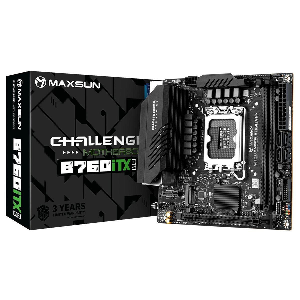Материнская плата Maxsun MS-Challenger B760ITX D5 WIFI B760, LGA1700, 2*DDR5, 1*PCIEx16, 2*M.2, 1*TypeC, 4*USB3.2Gen1, 6*USB2.0, 4*SATA3.0, 2.5G, 1G, 2*DP, 2*HDMI, Mini-ITX, RTL