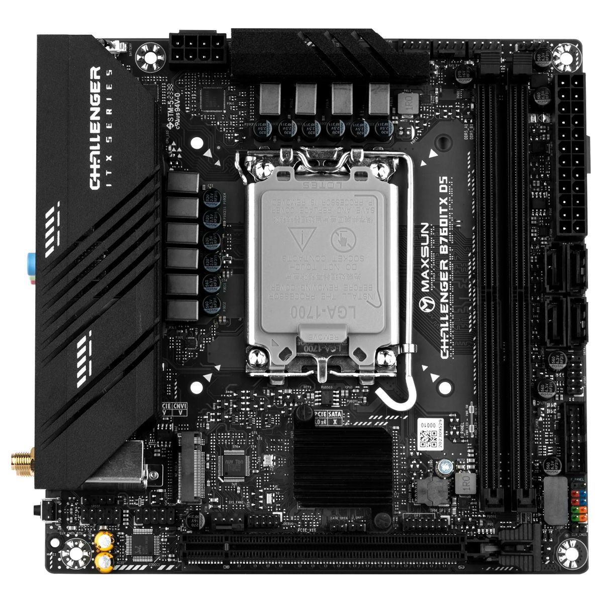Материнская плата Maxsun MS-Challenger B760ITX D5 WIFI B760, LGA1700, 2*DDR5, 1*PCIEx16, 2*M.2, 1*TypeC, 4*USB3.2Gen1, 6*USB2.0, 4*SATA3.0, 2.5G, 1G, 2*DP, 2*HDMI, Mini-ITX, RTL