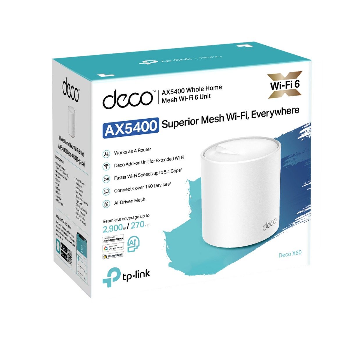 DECO X60(1-pack) Точка доступа AX3000 Whole Home Mesh Wi-Fi System, WiFI 6 2402Mbps at 5G and 574Mbps at 2.4G, 2x Giga ports, support OFDMA, MU-MIMO, 802.11k/v/r seamless roaming, support WPA3, Homecare security system, easy setup and management via Deco APP. (DECOX601PACK)