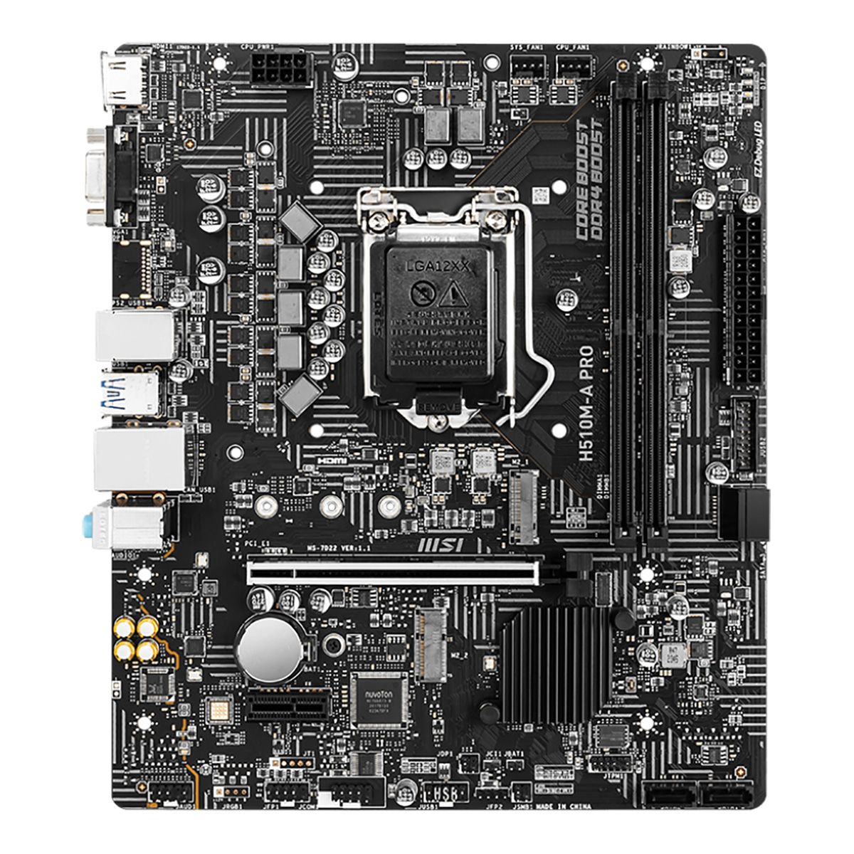 Материнская плата MSI H510M-A PRO , Socket 1200, Intel®H510, 2xDDR4-3200, HDMI+VGA, 1xPCI-Ex16, 1xPCI-Ex1, 4xSATA3, 2xM.2, 8 Ch Audio, GLan, (4+2)xUSB2.0, (2+2)xUSB3.2, mATX {20} (802905)
