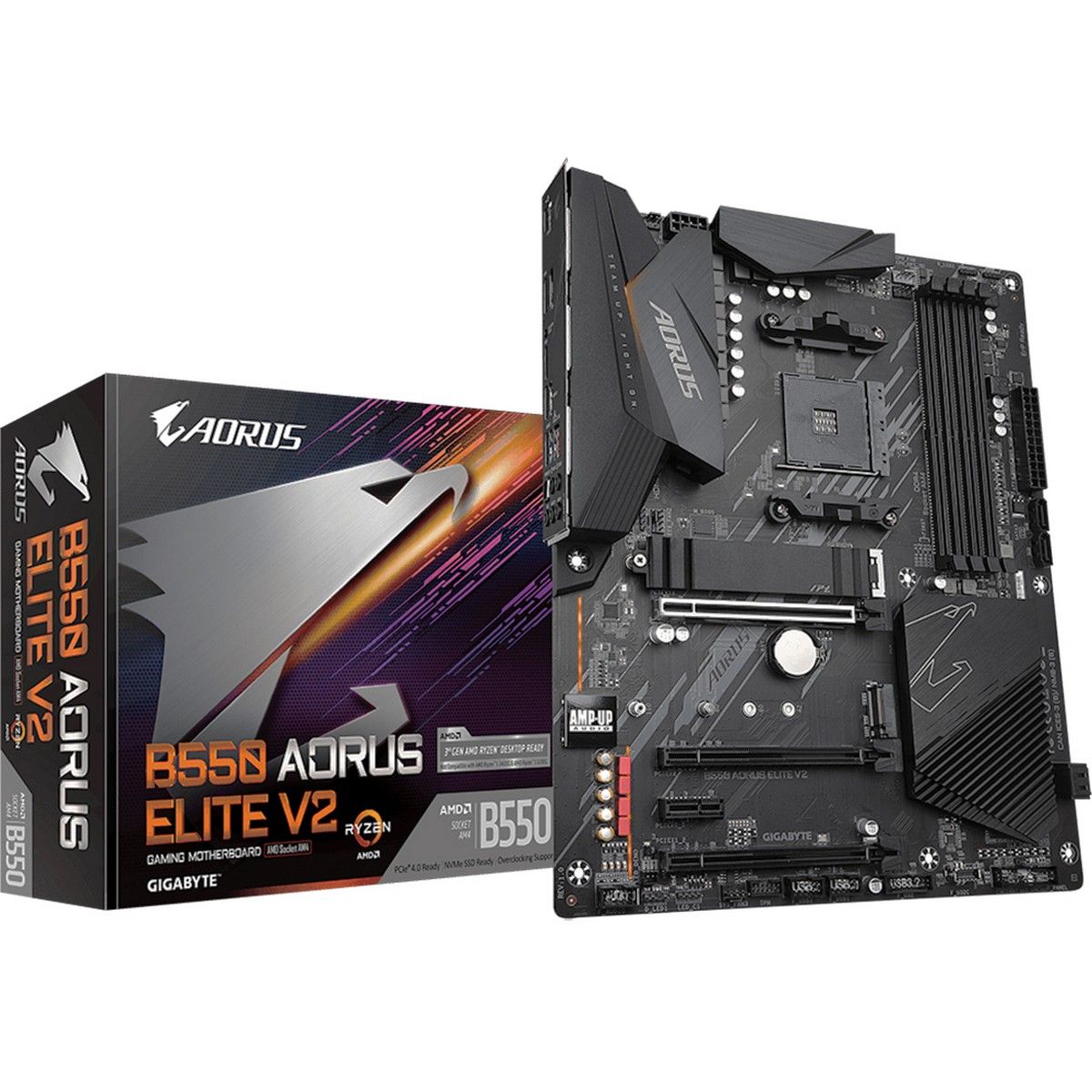 Материнская плата Gigabyte B550 AORUS ELITE V2, Socket AM4, AMD B550, 4xDDR4-3200, HDMI+DP, 3xPCI-Ex16, 1xPCI-Ex1, 4xSATA3(RAID 0/1/10), 2xM.2, 8 Ch Audio, 2,5GLan, (2+4)xUSB2.0, (6+2)xUSB3.2, ATX, RTL {8} (809898)
