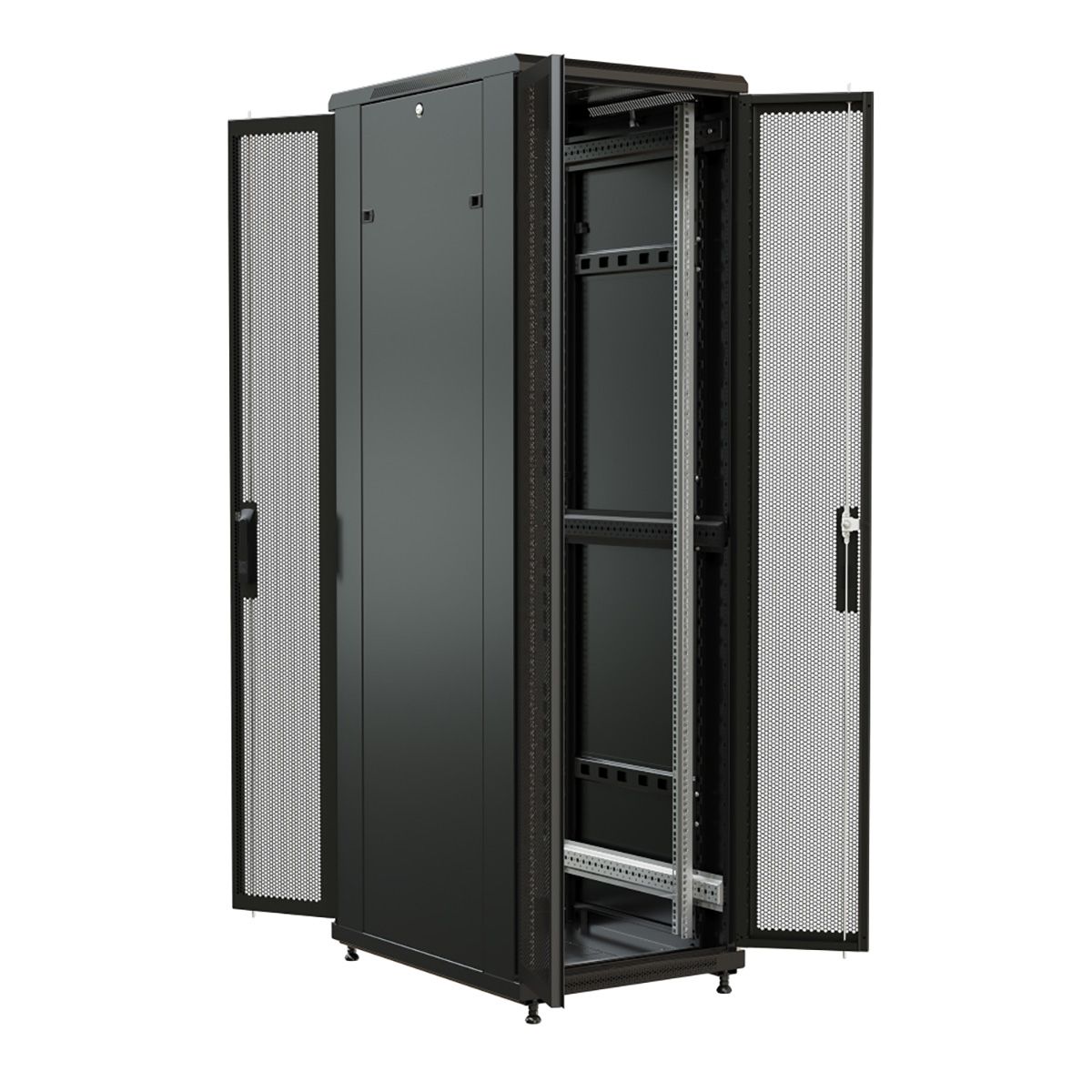 Шкаф Hyperline WRline WR-TT-4761-AS-RAL9004 напольный 47U 2277х600х1000 мм (ВхШхГ), передняя стеклянная дверь со стальными перфорированными боковинами, задняя дверь сплошная, цвет черный (RAL 9004) (разобранный)