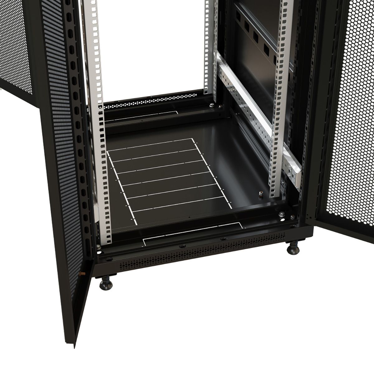 Шкаф Hyperline WRline WR-TT-4761-AS-RAL9004 напольный 47U 2277х600х1000 мм (ВхШхГ), передняя стеклянная дверь со стальными перфорированными боковинами, задняя дверь сплошная, цвет черный (RAL 9004) (разобранный)