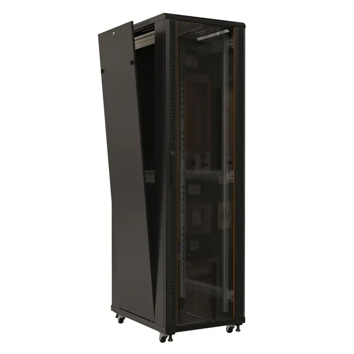 Шкаф Hyperline TTBR-4261-AS-RAL9004 Шкаф напольный 42U 2055x600х1000 мм (ВхШхГ), передняя стеклянная дверь со стальными перфорированными боковинами, задняя дверь сплошная, ручка с замком, цвет черный (RAL 9004) (разобранный)