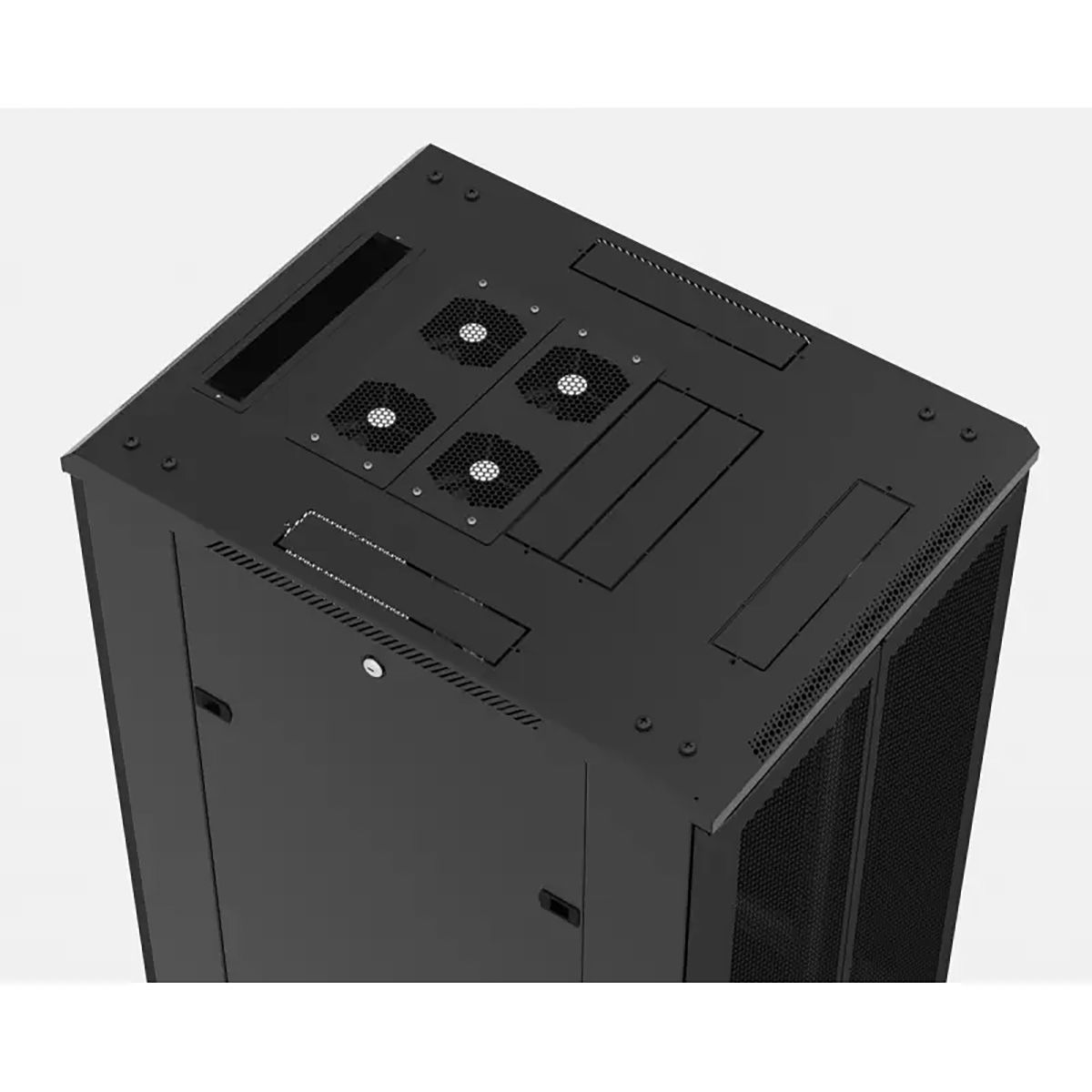 Шкаф Hyperline TTBR-4261-AS-RAL9004 Шкаф напольный 42U 2055x600х1000 мм (ВхШхГ), передняя стеклянная дверь со стальными перфорированными боковинами, задняя дверь сплошная, ручка с замком, цвет черный (RAL 9004) (разобранный)