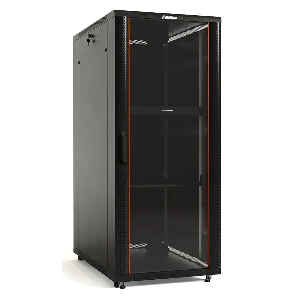 Шкаф Hyperline TTBR-4261-AS-RAL9004 Шкаф напольный 42U 2055x600х1000 мм (ВхШхГ), передняя стеклянная дверь со стальными перфорированными боковинами, задняя дверь сплошная, ручка с замком, цвет черный (RAL 9004) (разобранный)