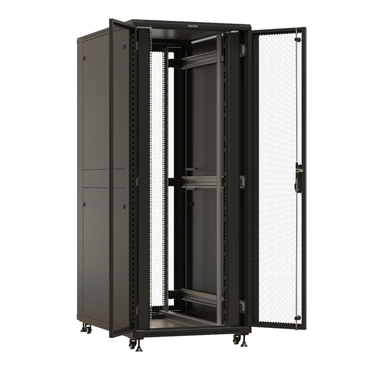 Шкаф Hyperline TTBR-4281-DD-RAL9004 Шкаф напольный 42U 2055x800х1000 мм (ВхШхГ), передняя и задняя распашные перфорированные двери (75%), ручка с замком, цвет черный (RAL 9004) (разобранный)