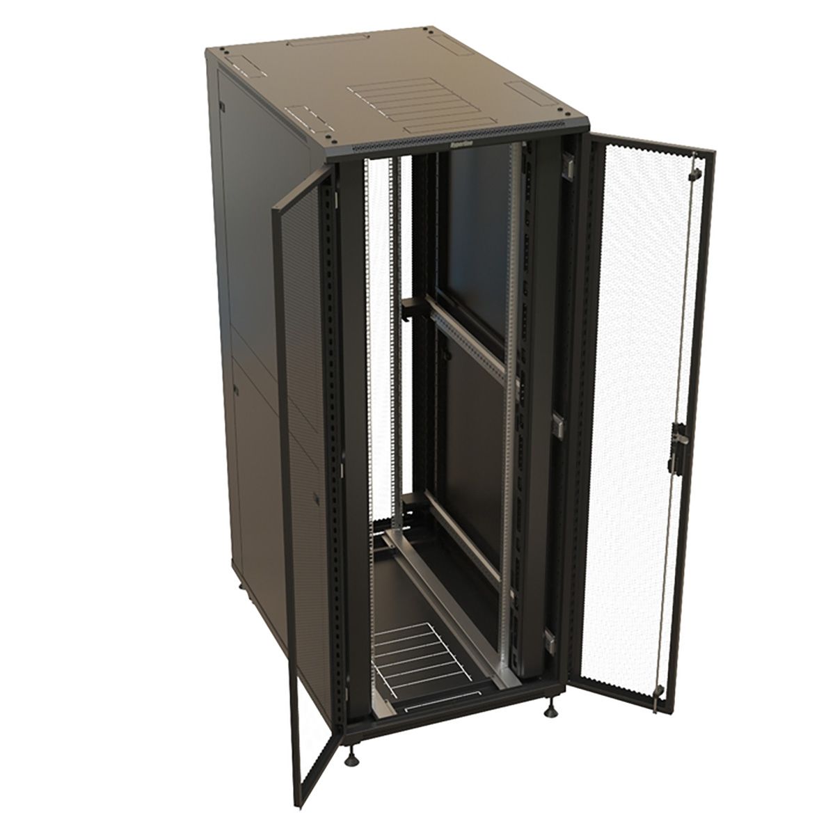 Шкаф Hyperline TTBR-4281-DD-RAL9004 Шкаф напольный 42U 2055x800х1000 мм (ВхШхГ), передняя и задняя распашные перфорированные двери (75%), ручка с замком, цвет черный (RAL 9004) (разобранный)