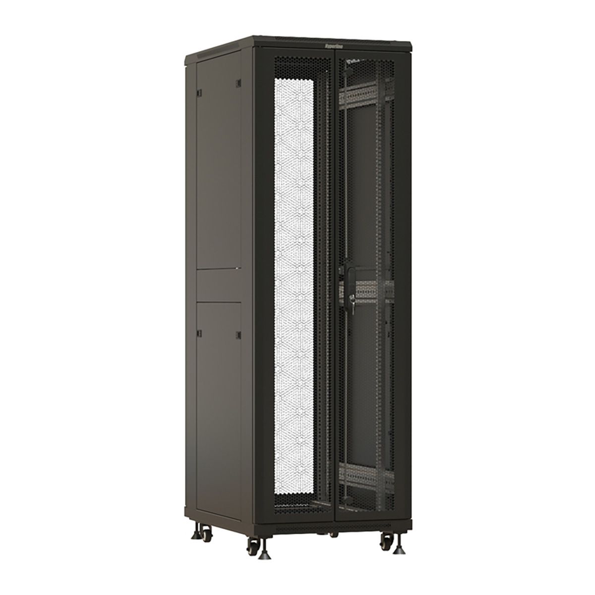 Шкаф Hyperline TTBR-3261-DD-RAL9004 Шкаф напольный 32U 1610x600х1000 мм (ВхШхГ), передняя и задняя распашные перфорированные двери (75%), ручка с замком, цвет черный (RAL9004) (разобранный)