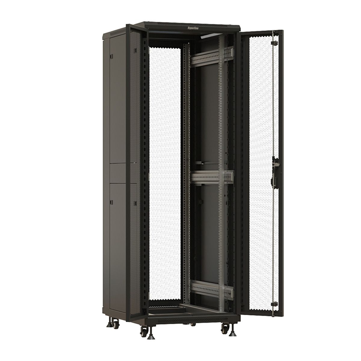 Шкаф Hyperline TTBR-3261-DD-RAL9004 Шкаф напольный 32U 1610x600х1000 мм (ВхШхГ), передняя и задняя распашные перфорированные двери (75%), ручка с замком, цвет черный (RAL9004) (разобранный)
