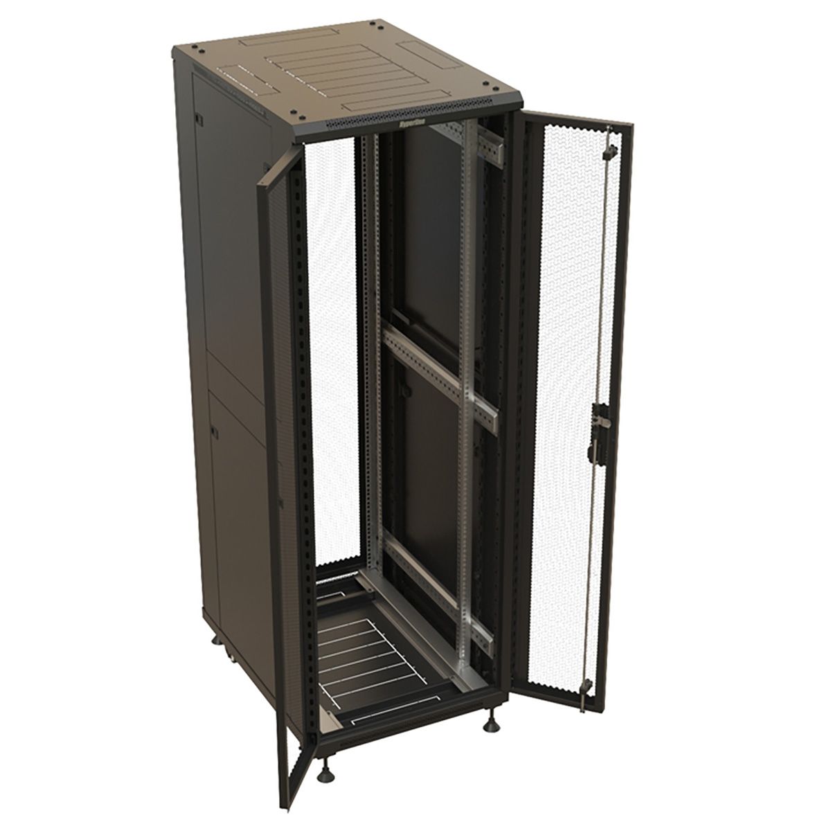 Шкаф Hyperline TTBR-3261-DD-RAL9004 Шкаф напольный 32U 1610x600х1000 мм (ВхШхГ), передняя и задняя распашные перфорированные двери (75%), ручка с замком, цвет черный (RAL9004) (разобранный)