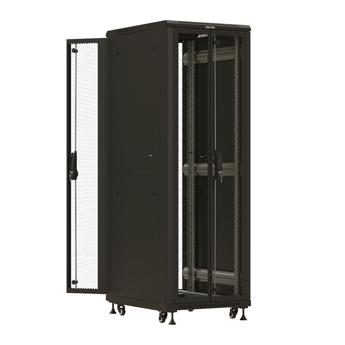 Шкаф Hyperline TTBR-3261-DD-RAL9004 Шкаф напольный 32U 1610x600х1000 мм (ВхШхГ), передняя и задняя распашные перфорированные двери (75%), ручка с замком, цвет черный (RAL9004) (разобранный)