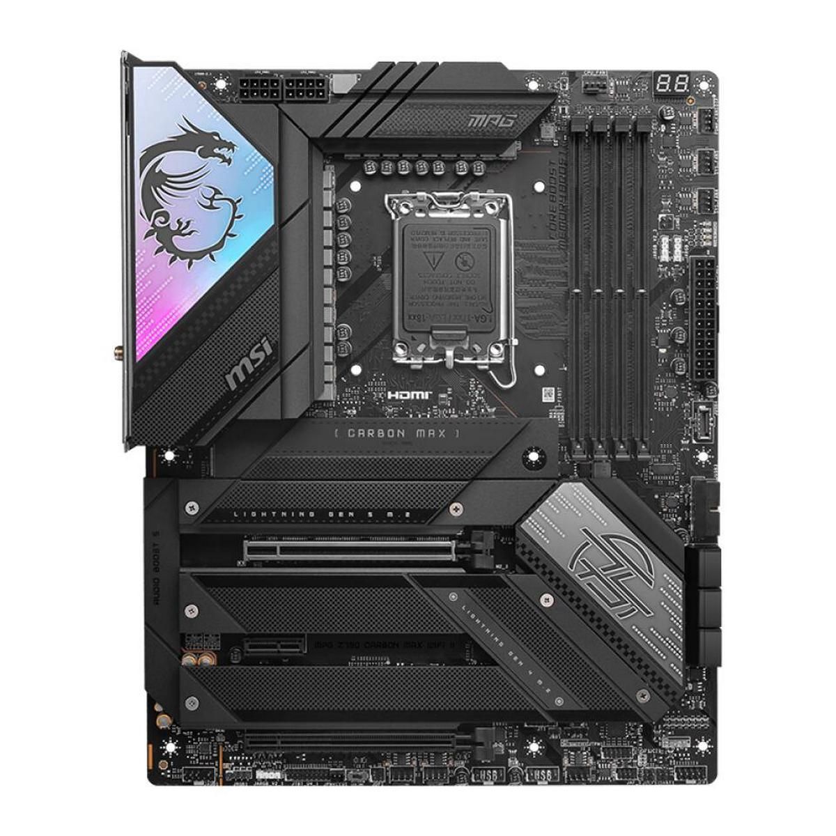 Материнская плата MSI MPG Z790 CARBON MAX WIFI II Z790, LGA1700, 4*DDR5, 2*PCIEx16, 1*PCIEx1, 5*M.2, 3*TypeC, 6*USB3.2Gen2, 4*USB3.2Gen1, 4*USB2.0, 6*SATA3.0, 5G, HDMI, ATX, RTL