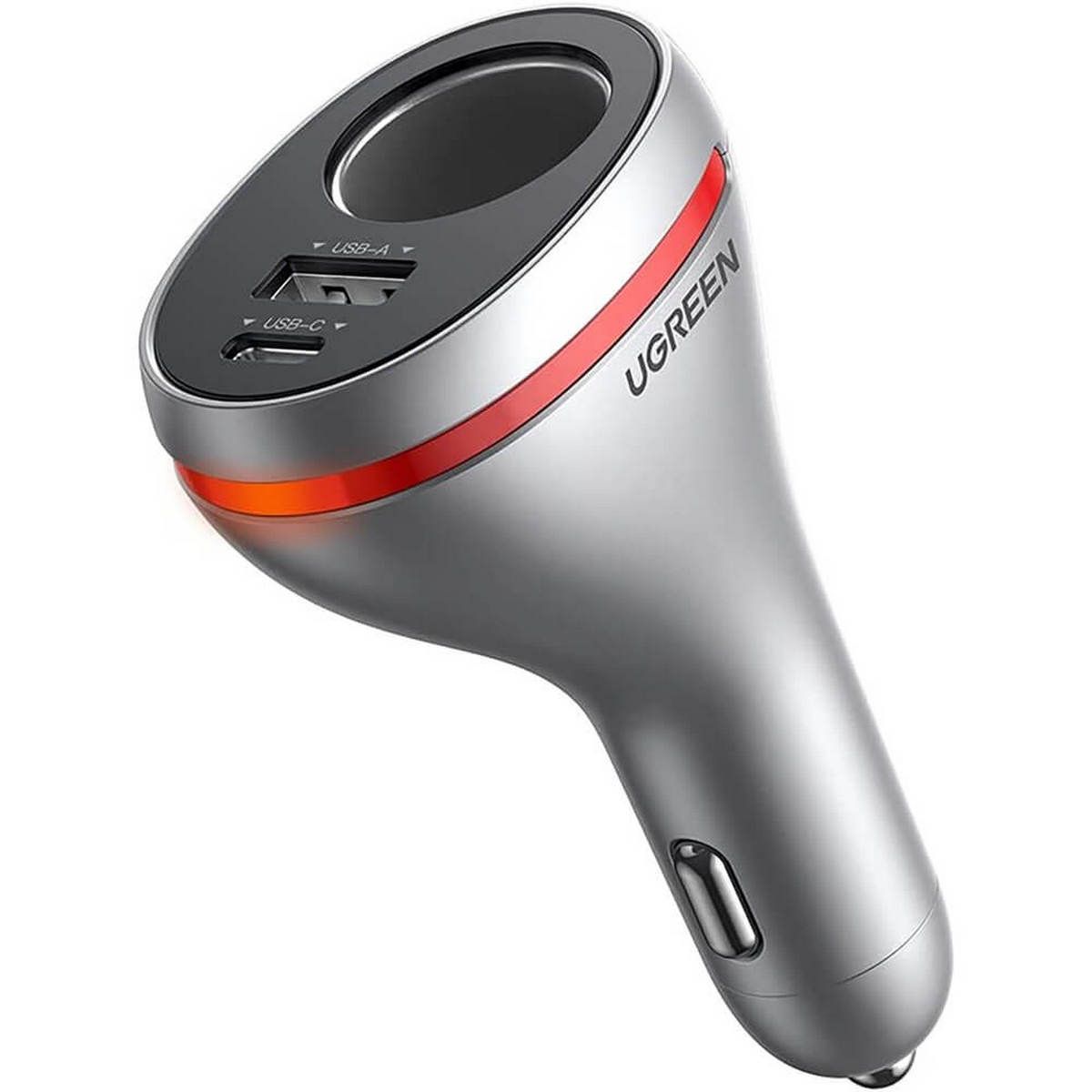 Автомобильное зарядное устройство UGREEN CD204 (60712) Car Charger With Dual USB Ports Single Extension Socket (PD 20 W) с разъемами USB-A, USB-C, с широким разъемом. Цвет: серебристый