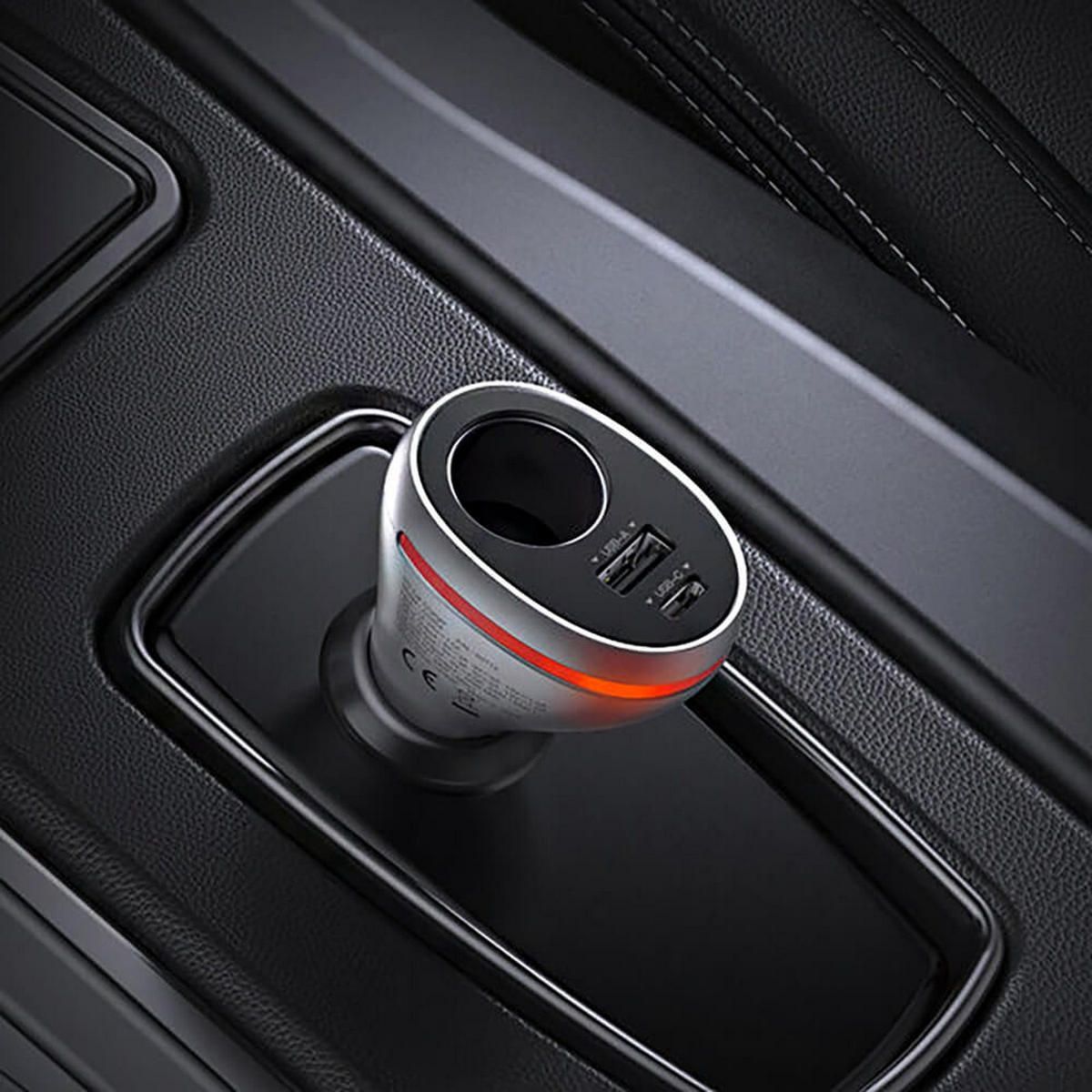 Автомобильное зарядное устройство UGREEN CD204 (60712) Car Charger With Dual USB Ports Single Extension Socket (PD 20 W) с разъемами USB-A, USB-C, с широким разъемом. Цвет: серебристый