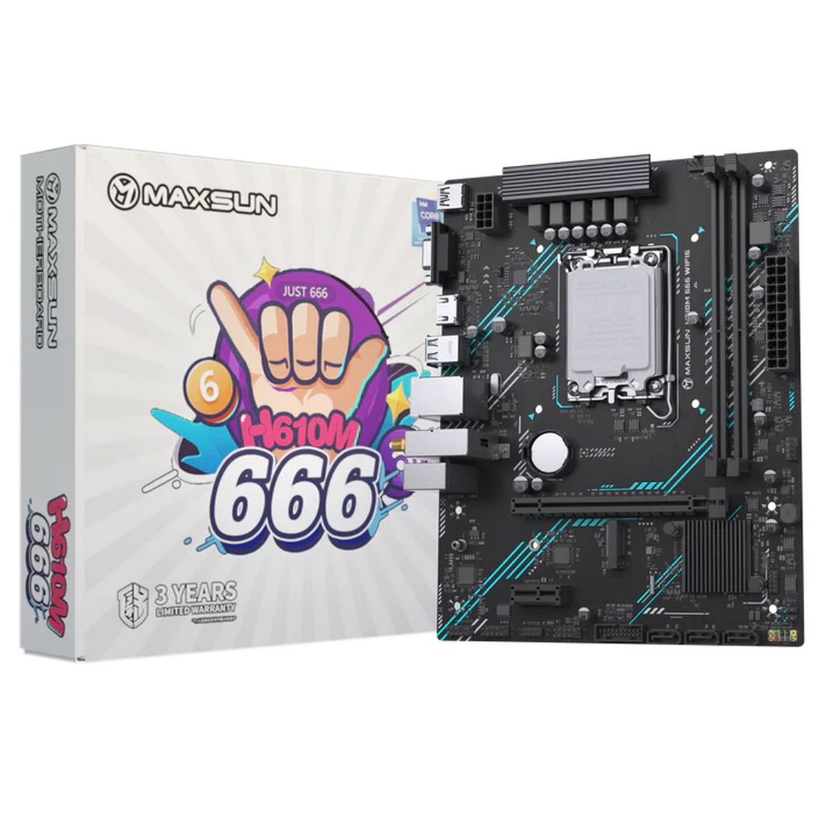 Материнская плата Maxsun MS-H610M 666 WIFI6 H610, LGA1700, 2*DDR4, 1*PCIEx16, 1*PCIEx1, 1*M.2, 4*USB3.2Gen1, 5*USB2.0, 3*SATA3.0, 1G, VGA, HDMI, M-ATX, RTL