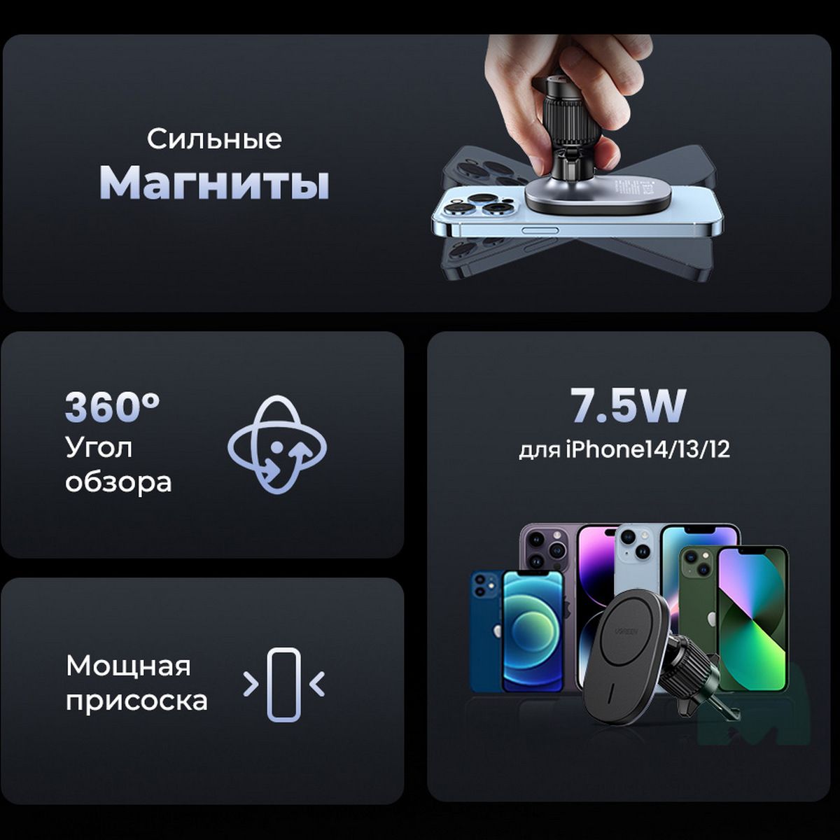 Магнитный держатель в автомобиль с функцией зарядного устройства UGREEN CD345 (15120)
