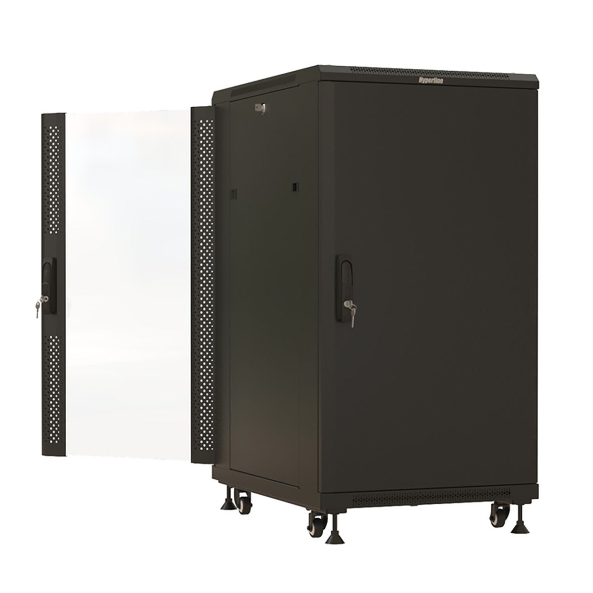 Шкаф Hyperline TTBR-2261-AS-RAL9004 Шкаф напольный 22U 1166x600х1000 мм (ВхШхГ), передняя стеклянная дверь со стальными перфорированными боковинами, задняя дверь сплошная, ручка с замком, цвет черный (RAL 9004) (разобранный)