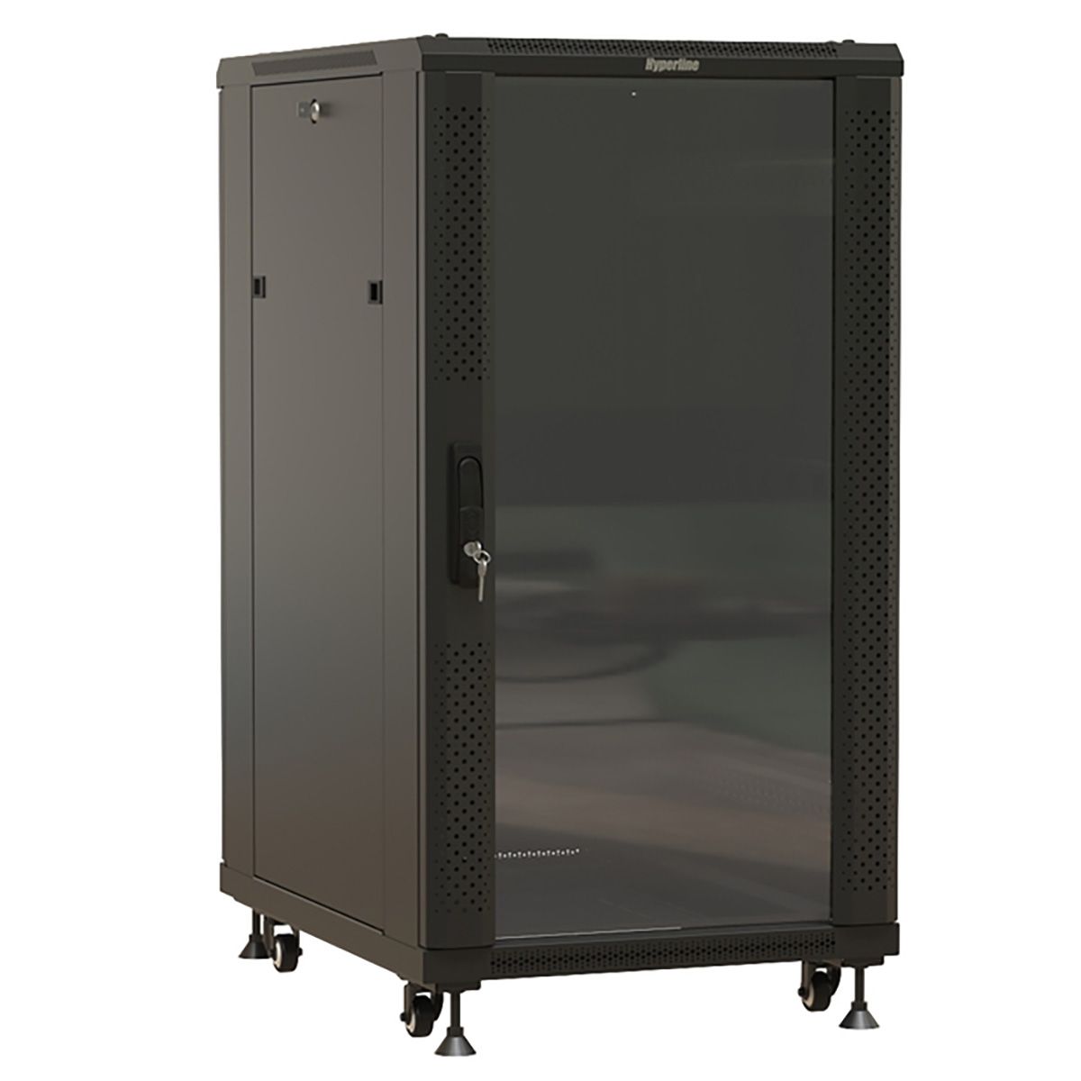 Шкаф Hyperline TTBR-2261-AS-RAL9004 Шкаф напольный 22U 1166x600х1000 мм (ВхШхГ), передняя стеклянная дверь со стальными перфорированными боковинами, задняя дверь сплошная, ручка с замком, цвет черный (RAL 9004) (разобранный)