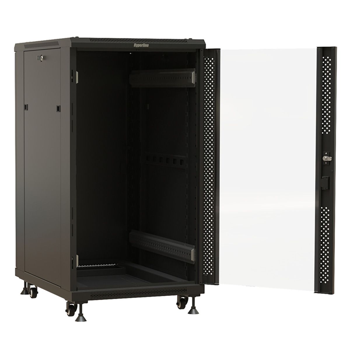Шкаф Hyperline TTBR-2261-AS-RAL9004 Шкаф напольный 22U 1166x600х1000 мм (ВхШхГ), передняя стеклянная дверь со стальными перфорированными боковинами, задняя дверь сплошная, ручка с замком, цвет черный (RAL 9004) (разобранный)