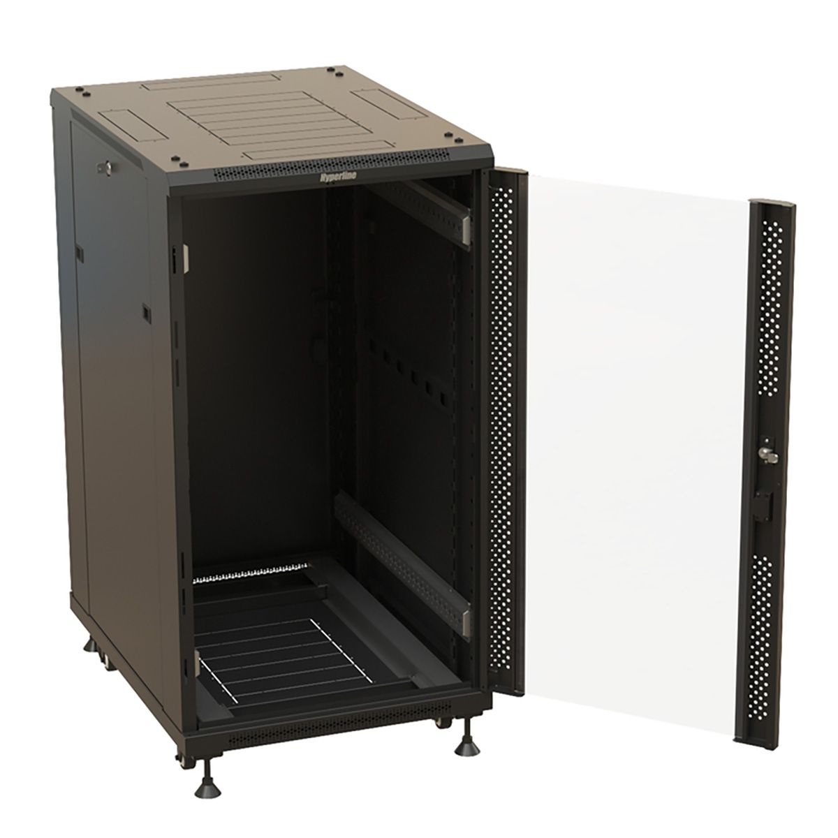 Шкаф Hyperline TTBR-2261-AS-RAL9004 Шкаф напольный 22U 1166x600х1000 мм (ВхШхГ), передняя стеклянная дверь со стальными перфорированными боковинами, задняя дверь сплошная, ручка с замком, цвет черный (RAL 9004) (разобранный)