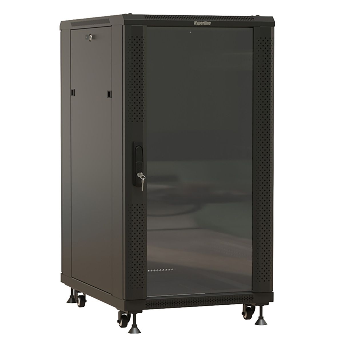 Шкаф Hyperline TTBR-2761-AS-RAL9004 Шкаф напольный 27U 1388x600х1000 мм (ВхШхГ), передняя стеклянная дверь со стальными перфорированными боковинами, задняя дверь сплошная, ручка с замком, цвет черный (RAL 9004) (разобранный)