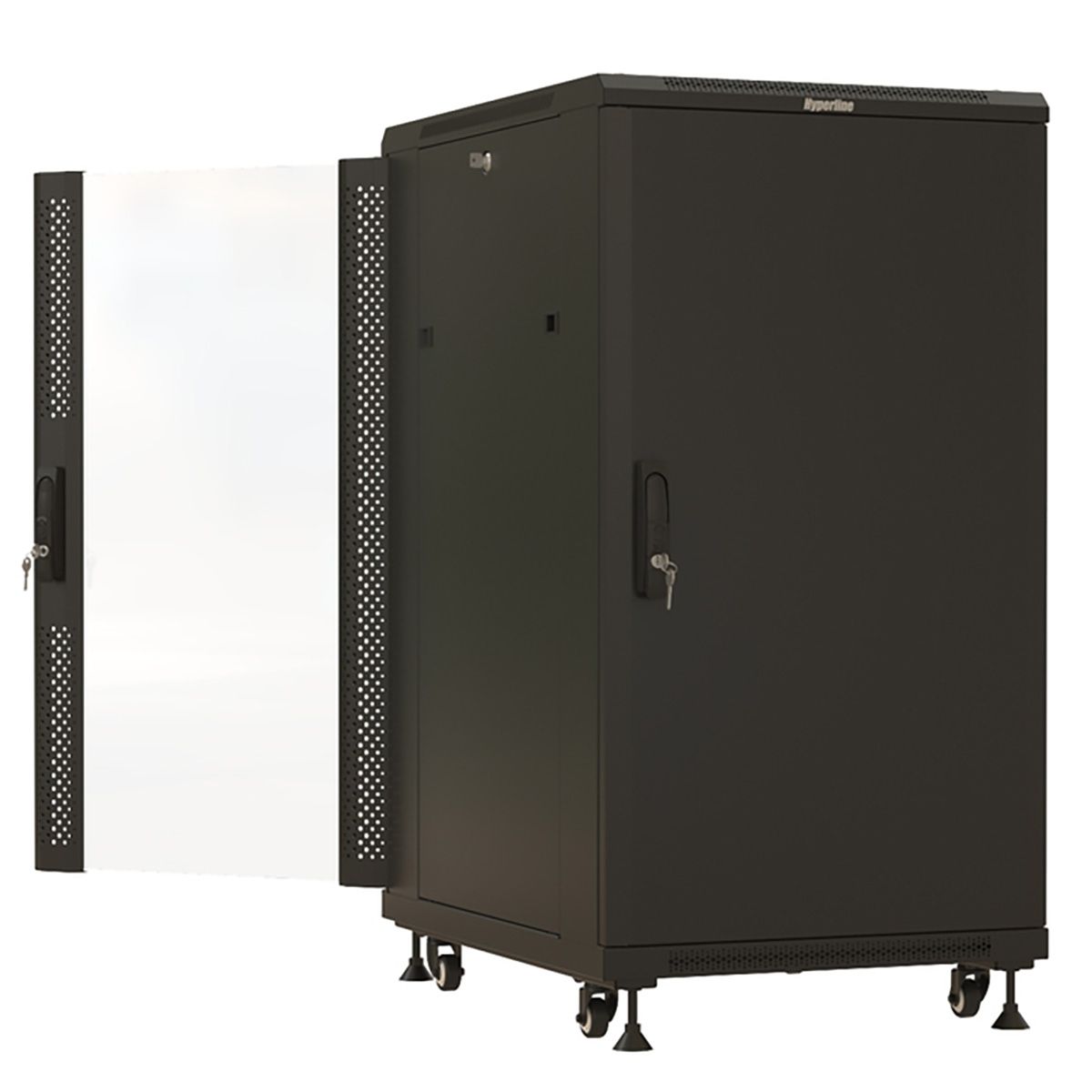 Шкаф Hyperline TTBR-2761-AS-RAL9004 Шкаф напольный 27U 1388x600х1000 мм (ВхШхГ), передняя стеклянная дверь со стальными перфорированными боковинами, задняя дверь сплошная, ручка с замком, цвет черный (RAL 9004) (разобранный)
