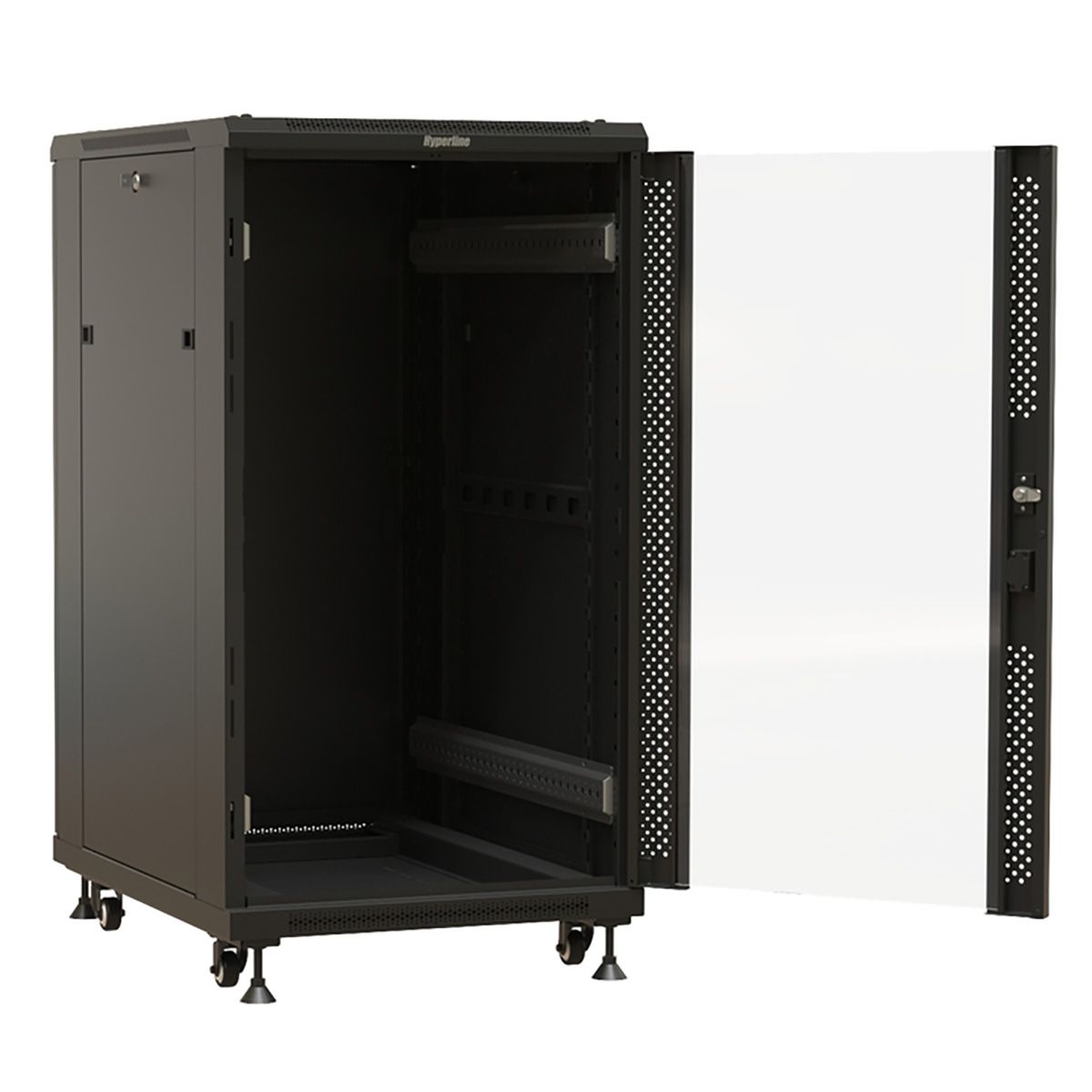 Шкаф Hyperline TTBR-2761-AS-RAL9004 Шкаф напольный 27U 1388x600х1000 мм (ВхШхГ), передняя стеклянная дверь со стальными перфорированными боковинами, задняя дверь сплошная, ручка с замком, цвет черный (RAL 9004) (разобранный)