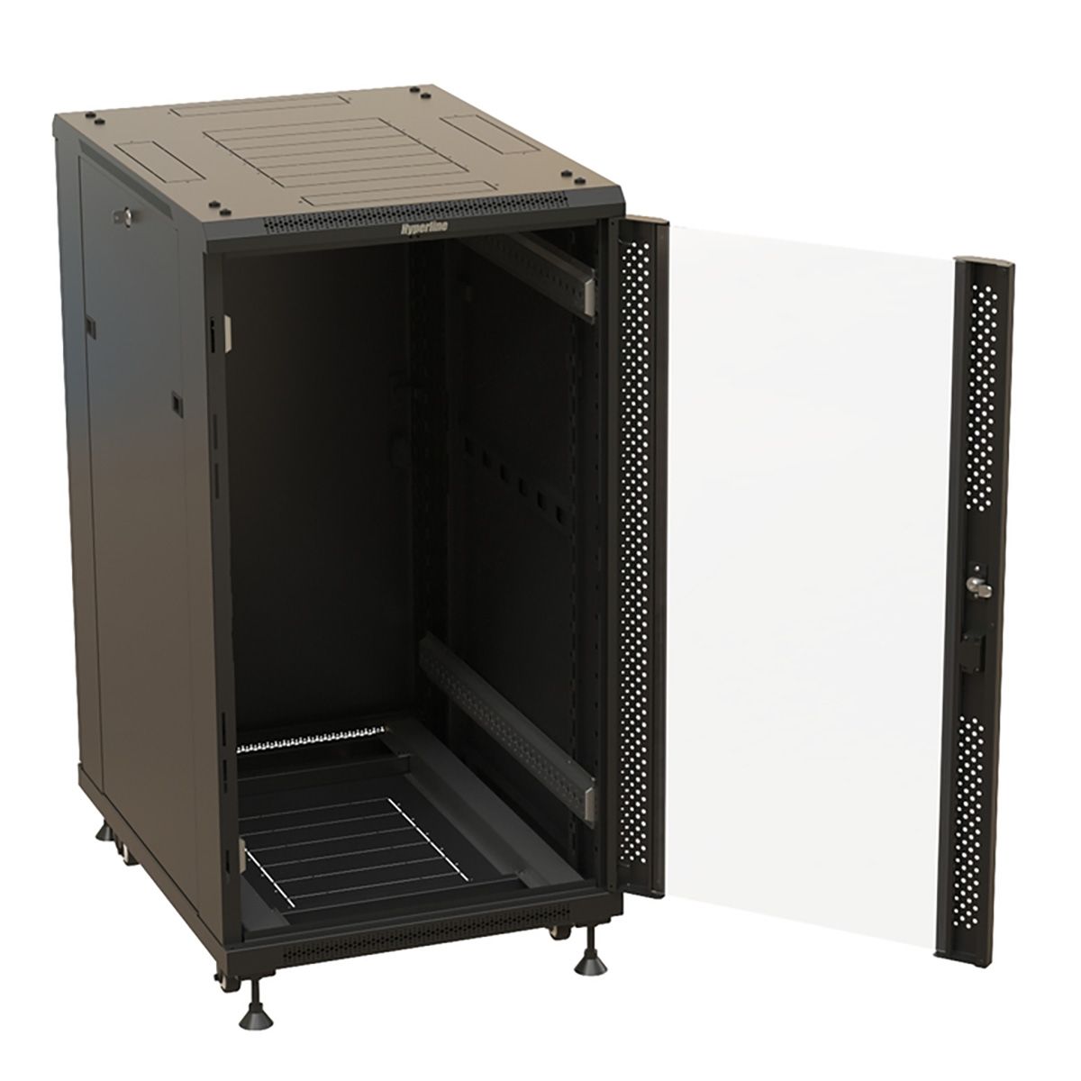 Шкаф Hyperline TTBR-2761-AS-RAL9004 Шкаф напольный 27U 1388x600х1000 мм (ВхШхГ), передняя стеклянная дверь со стальными перфорированными боковинами, задняя дверь сплошная, ручка с замком, цвет черный (RAL 9004) (разобранный)